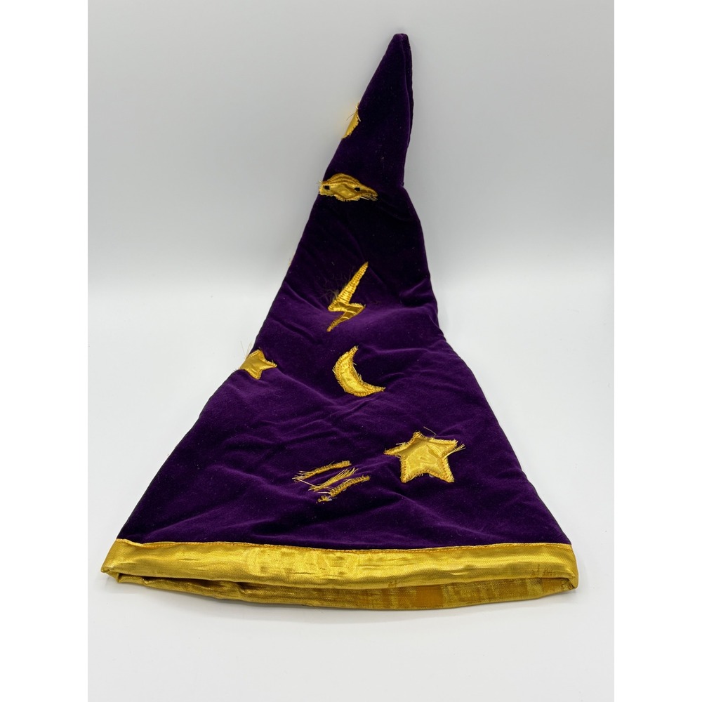 Purple Velvet Wizard Hat Gold Celestial Stars Moon Lightning Bolt Costume